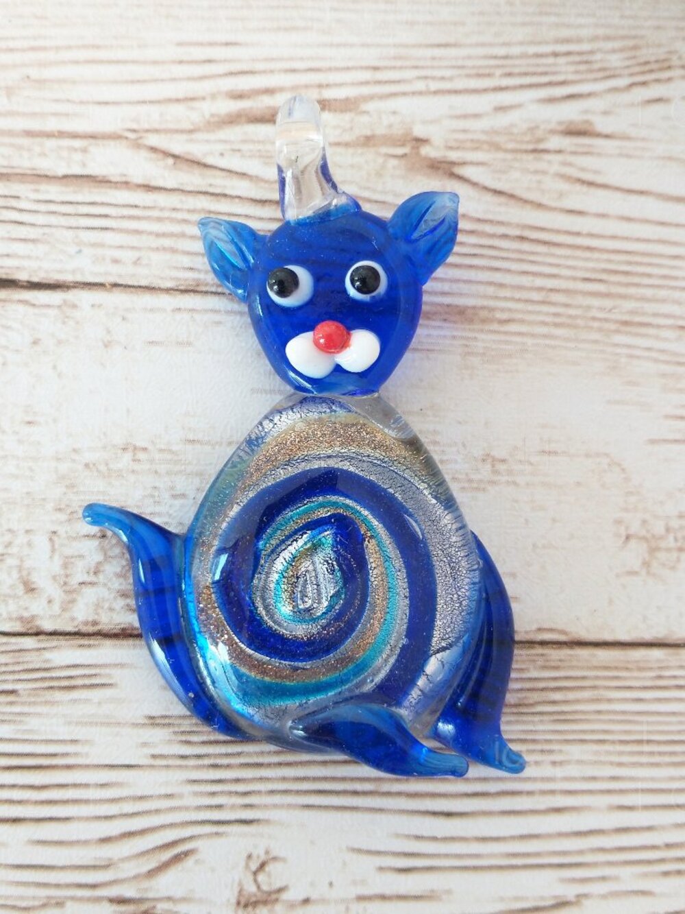 Murano Foil Glass Cat Pendant Blue Glass Art 2” Kitty Ornament Charm Sun Catcher
